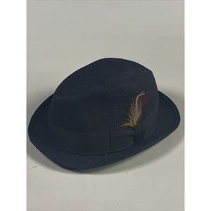 Vintage Mallory By Stetson Pure Wool Fedora Western Hat 7 1/4 Blue Feathered
